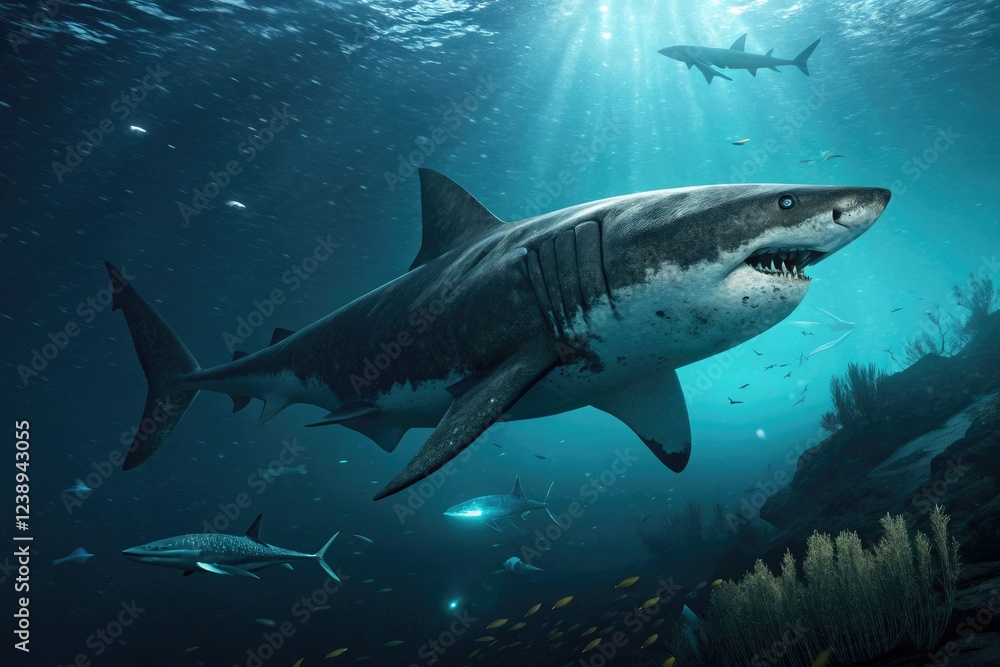 Naklejka premium Massive megalodon shark swimming in the dark depths of the ocean, aquatic predators, underwater life, marine wildlife