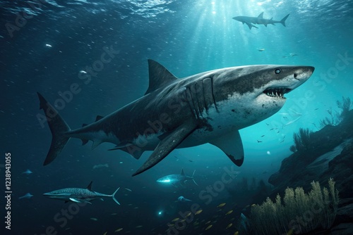 Massive megalodon shark swimming in the dark depths of the ocean, aquatic predators, underwater life, marine wildlife photo