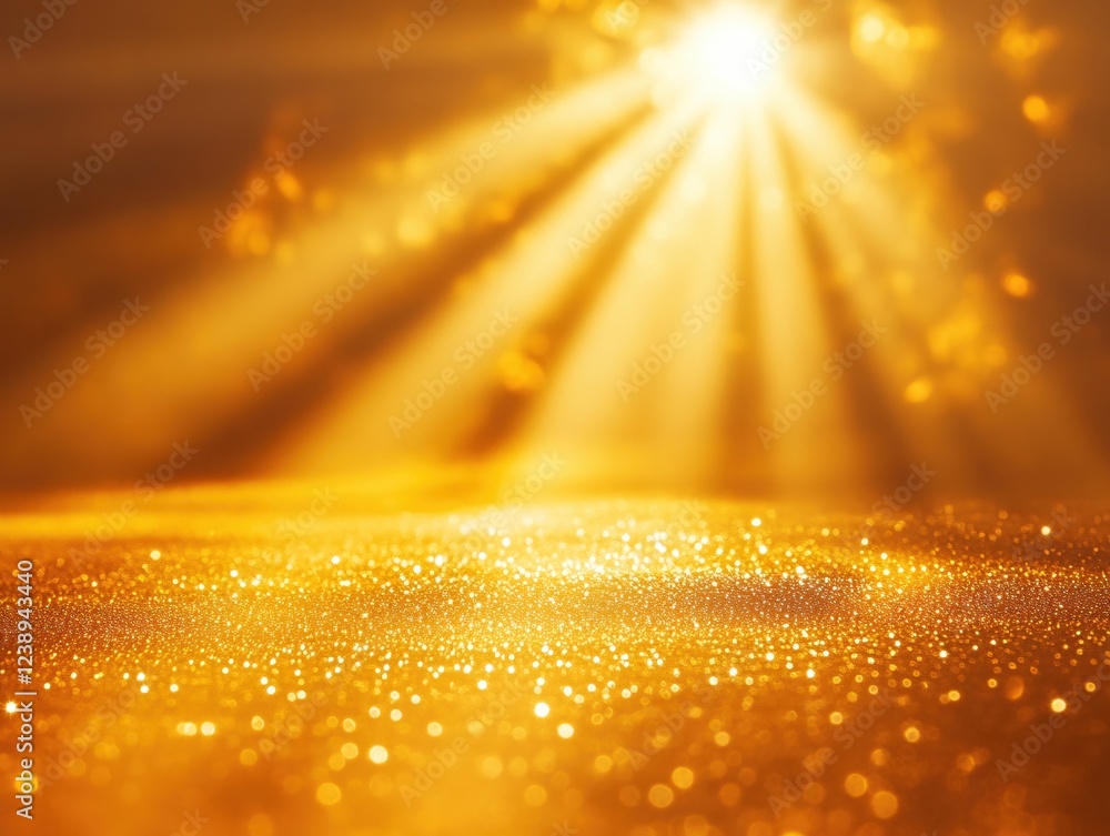 Golden light rays shining down on a shimmering surface with bokeh and bright glow effect