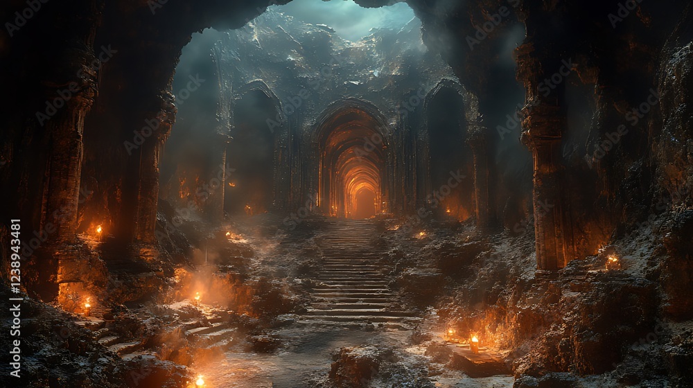 Dark cavern, gothic architecture, lit pathway, mystical background, fantasy game design Dark cavern, gothic architecture, lit pathway, mystical background, fantasy game design