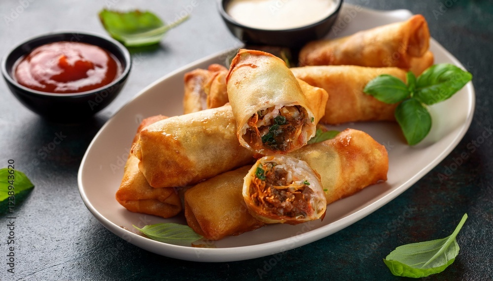 pork confit eggrolls tender pulled pork filled eggrolls served in a sweet chili basil sauce pork confit eggrolls tender pulled pork filled eggrolls served in a sweet chili basil sauce