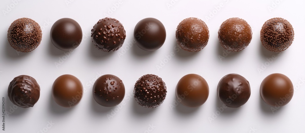 Assorted chocolate truffles in different shapes and textures arranged in two rows on a white background with Copy Space Assorted chocolate truffles in different shapes and textures arranged in two rows on a white background with Copy Space