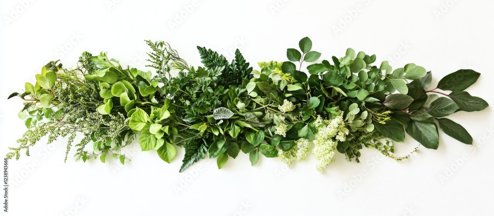 Obraz premium Green foliage arrangement on white background with copy space for text placement