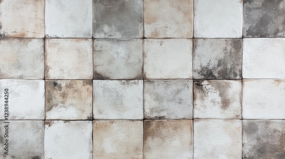 Naklejka premium Rustic weathered tile wall with square patterned design in neutral tones