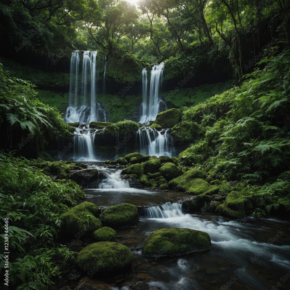 Obraz premium Take a picture of a waterfall surrounded by lush greenery.