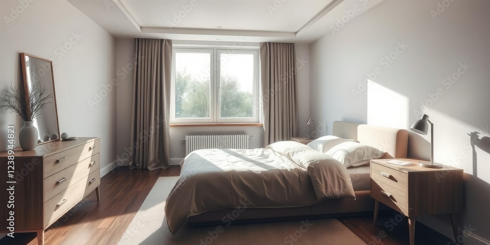 Minimalistic bedroom with a cozy bed, sleek dresser, and a large window letting in natural light, furniture, modern Minimalistic bedroom with a cozy bed, sleek dresser, and a large window letting in natural light, furniture, modern
