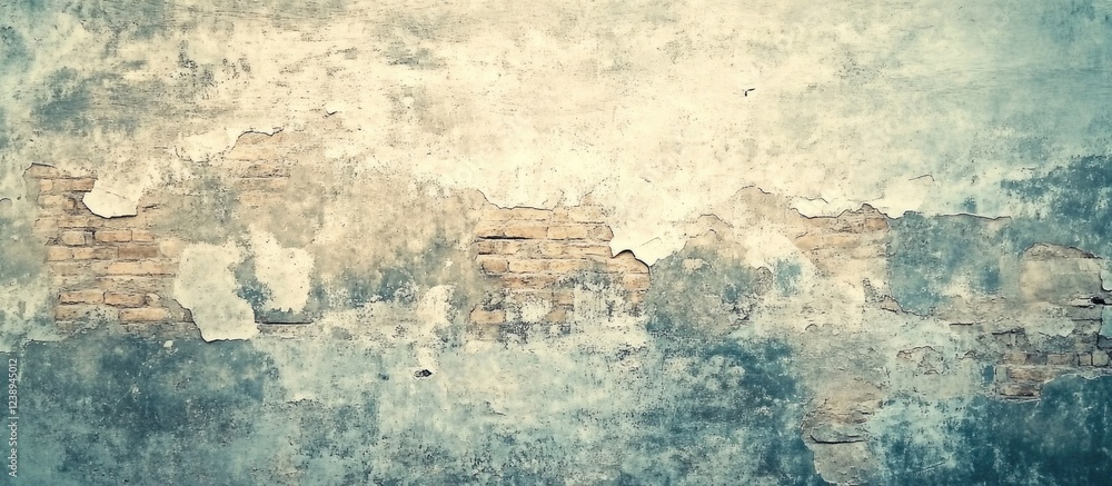 Obraz premium Textured wall with peeling paint and exposed bricks showcasing weathered design elements and layers of history Copy Space