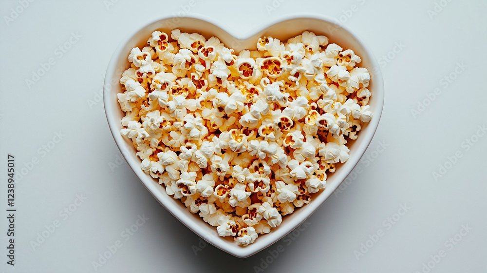 Heart-shaped bowl of popcorn on white background; movie night snack Heart-shaped bowl of popcorn on white background; movie night snack