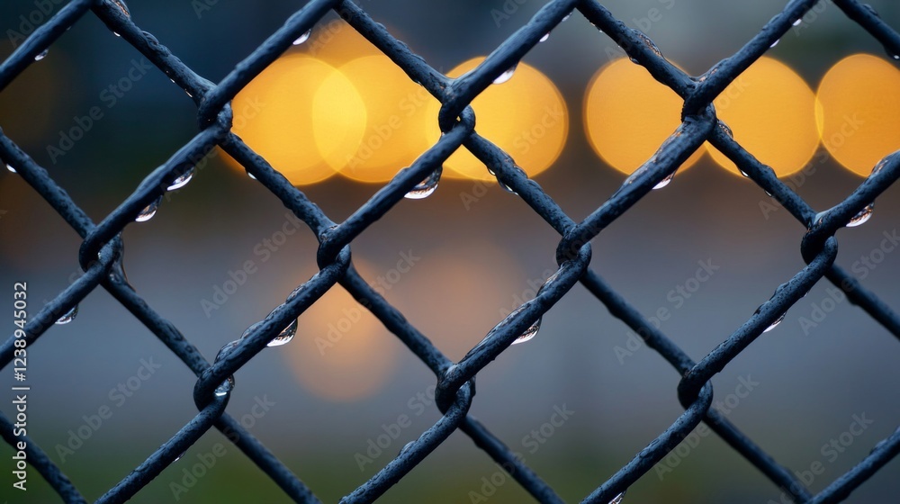 Fototapeta premium Closeup of Rain-Covered Chain Link Fence at Night