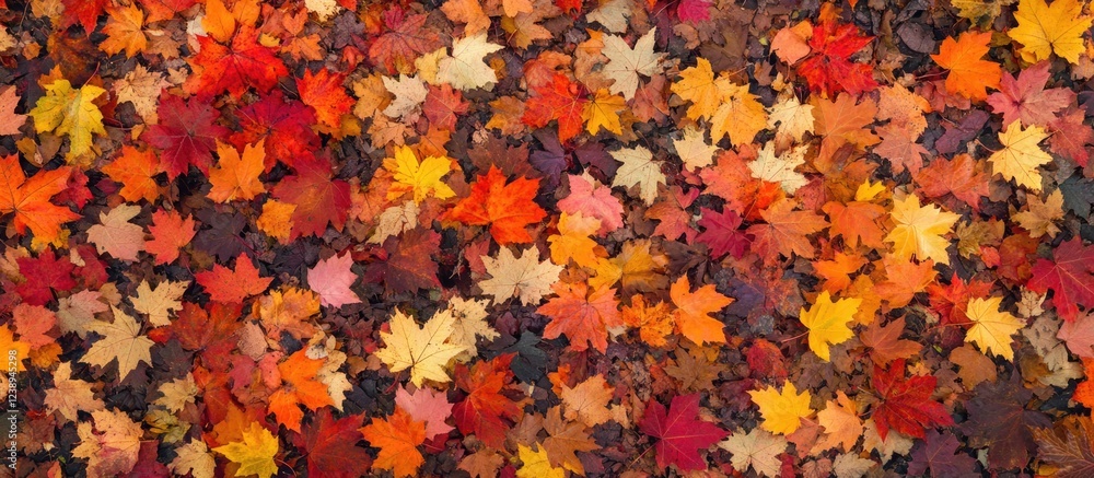Colorful autumn leaves covering the ground in various shades of red, orange, yellow, and brown with texture and detail, Copy Space Colorful autumn leaves covering the ground in various shades of red, orange, yellow, and brown with texture and detail, Copy Space