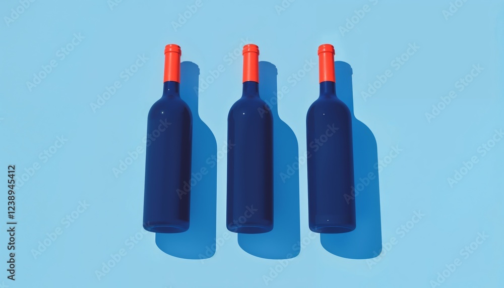 Three Blue Wine Bottles with Orange Caps on a Light Blue Background Three Blue Wine Bottles with Orange Caps on a Light Blue Background