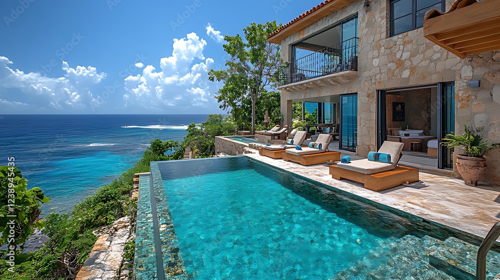 Fototapeta premium Oceanfront villa infinity pool, cliffside luxury, Caribbean view