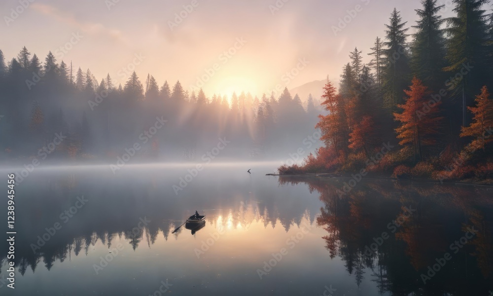 Fototapeta premium misty forest landscape with a small boat on the foggy lake in the distance, natural beauty, woodland scenery