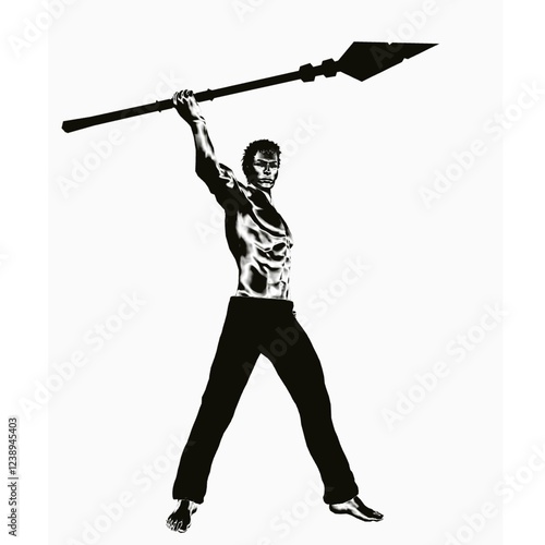 A man in a strong pose, lifting a spear above his head with both hands. His stance conveys power and dominance.
