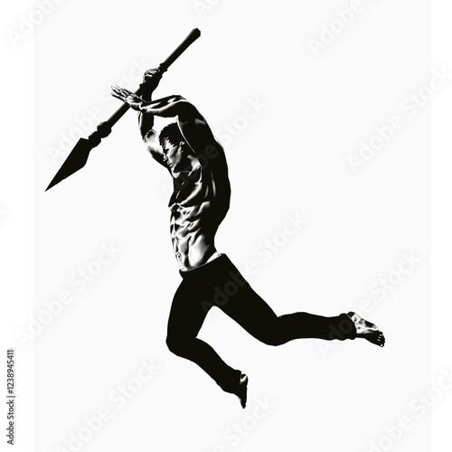 A man in a jumping position while holding a spear. His movement appears agile, as if attacking or dodging an attack.
