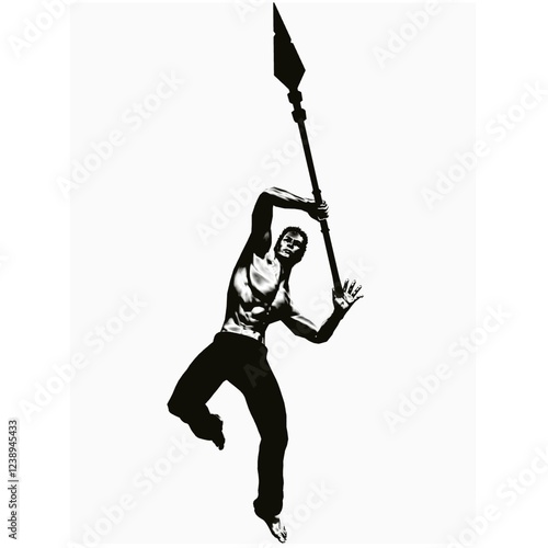 An illustration of a man raising a spear with one hand, as if preparing to strike or celebrating victory.