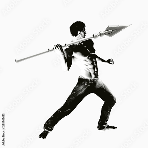 A man in an attacking stance holding a spear, wearing simple clothing. His body is leaning forward, indicating dynamic movement.
