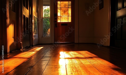 Golden Hour in a Historic Home: Sunlight Illuminates Polished Wood Floors
