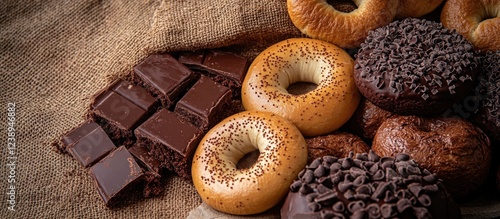 Assorted baked goods including chocolate donuts, bagels, and chocolate bars on textured burlap background with copy space photo