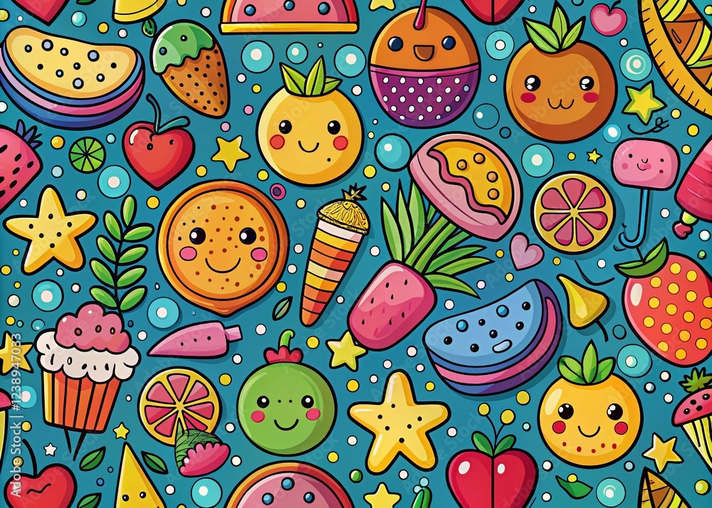 Happy Food Vector Background for Kids with Playful Pattern Happy Food Vector Background for Kids with Playful Pattern