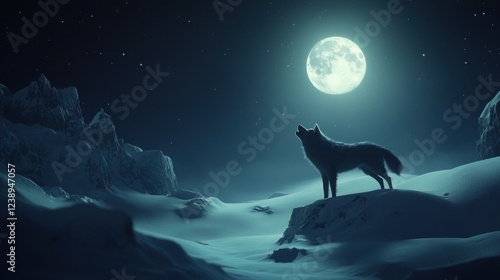 Wallpaper Mural Lone Wolf Howling Under a Bright Moon in Snowy Mountains Torontodigital.ca
