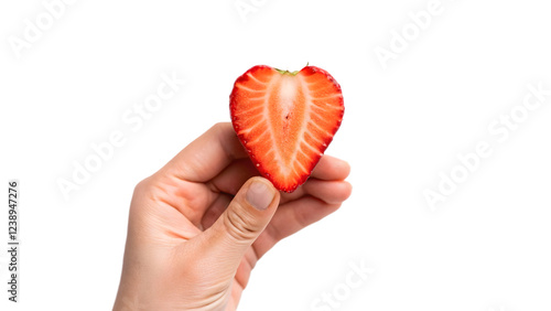 A woman's hand holds a heart-shaped red strawberry, a symbol of love and healthy giving photo