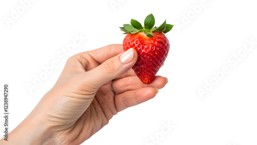 A hand holds a ripe red strawberry isolated on white