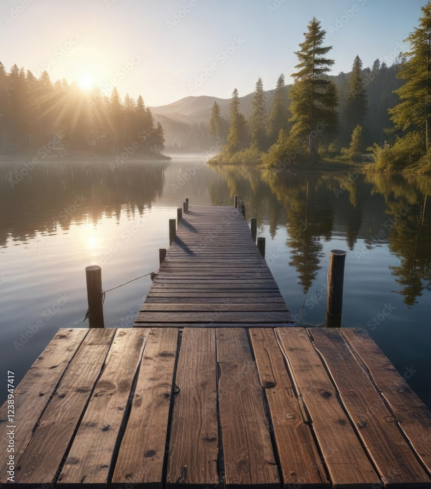 Fototapeta premium Morning light reflecting off wooden pier in calm lake, serene landscape, calm lake