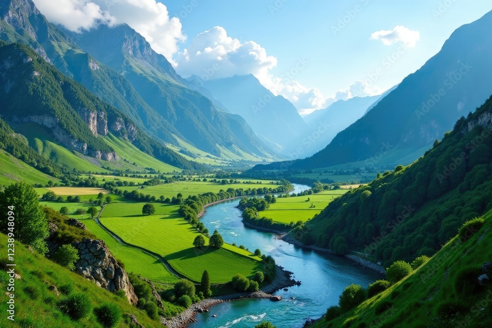 Fototapeta premium Mountainous landscape with a meandering river, greenery, terrain