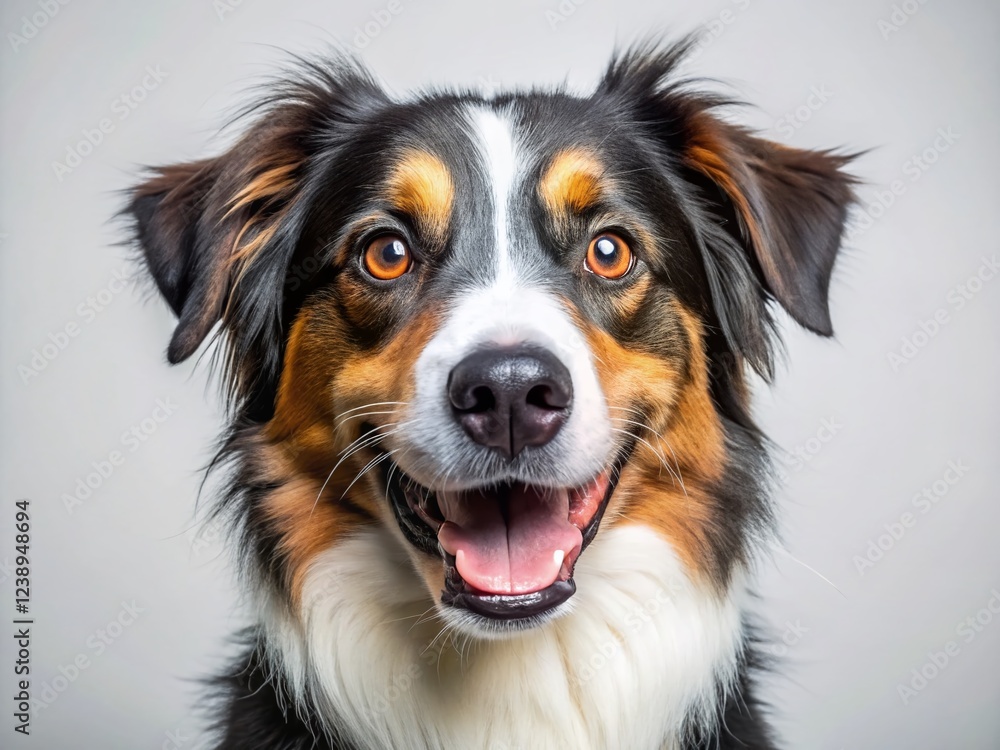 Happy Tri-Color Mongrel Dog Headshot - Isolated White Background Stock Photo Happy Tri-Color Mongrel Dog Headshot - Isolated White Background Stock Photo
