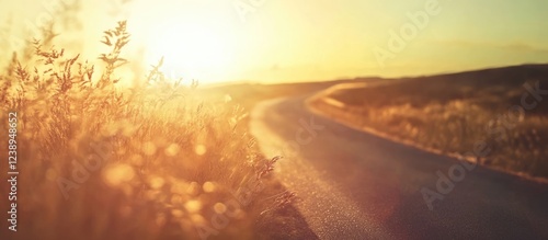 Winding road at sunset with golden light and tall grass on the roadside featuring soft focus and warm tones Copy Space photo