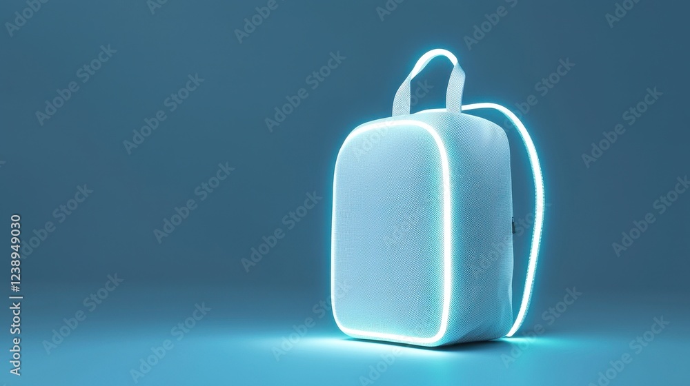 Futuristic White Backpack with Glowing Outline on Blue Background Futuristic White Backpack with Glowing Outline on Blue Background