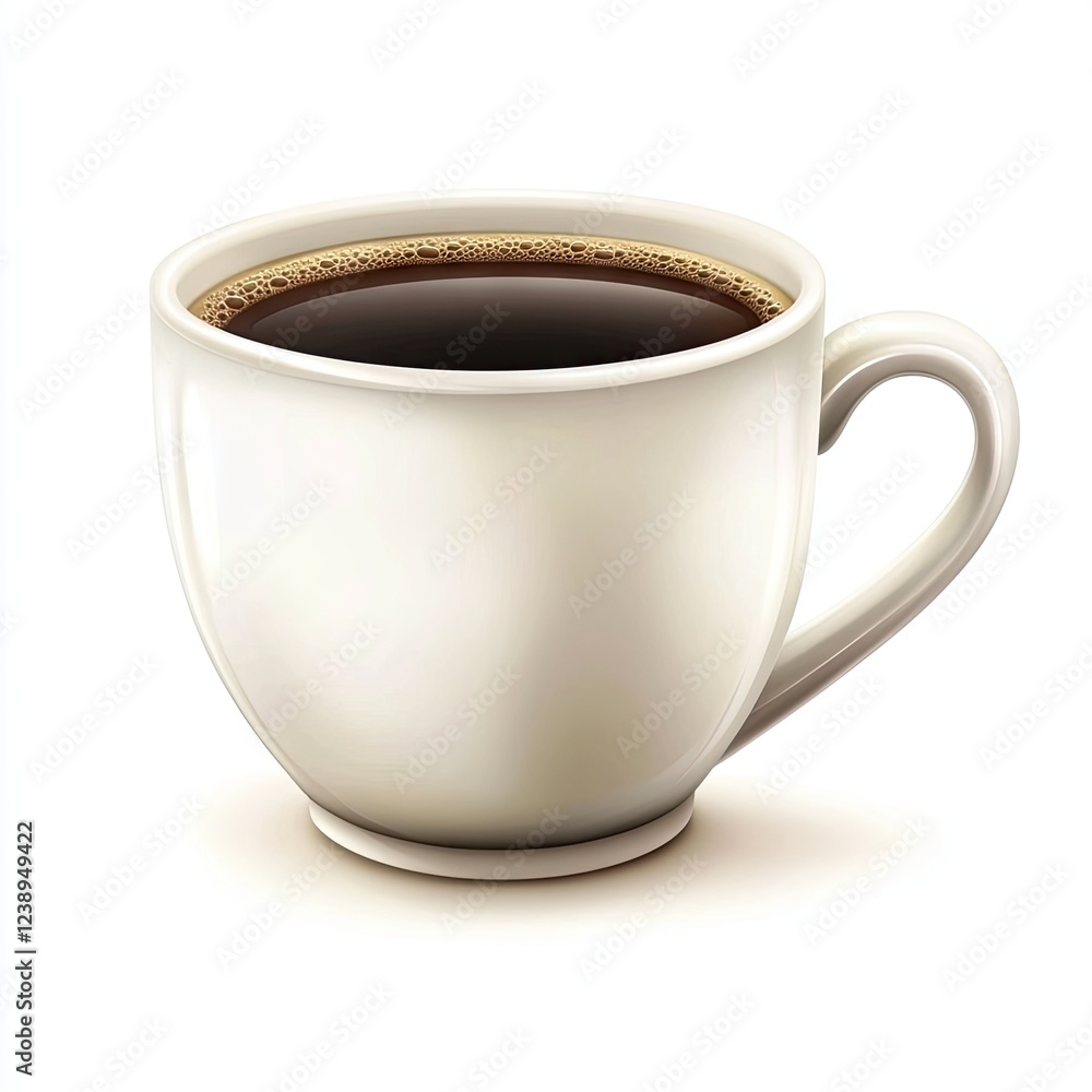 White cup of black coffee, breakfast drink, isolated on white background, website banner