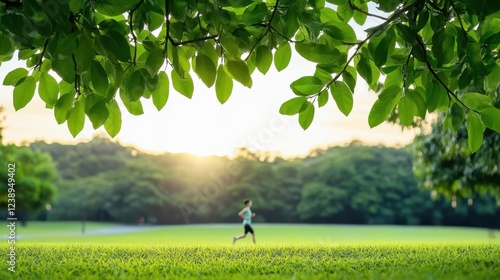 Green leaves frame a blurry runner in a park at sunset, with a vibrant green grassy field in the foreground. photo