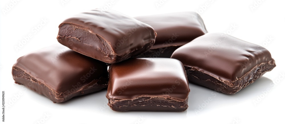 Chocolate candy bars stacked on a white background with Copy Space for text placement. Chocolate candy bars stacked on a white background with Copy Space for text placement.