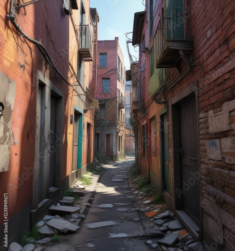 Narrow alleyway between dilapidated buildings, slum dwellings, peeling paint