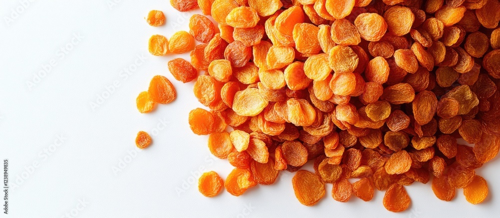 Dried apricot slices scattered on a white surface with ample space for text placement Copy Space Dried apricot slices scattered on a white surface with ample space for text placement Copy Space