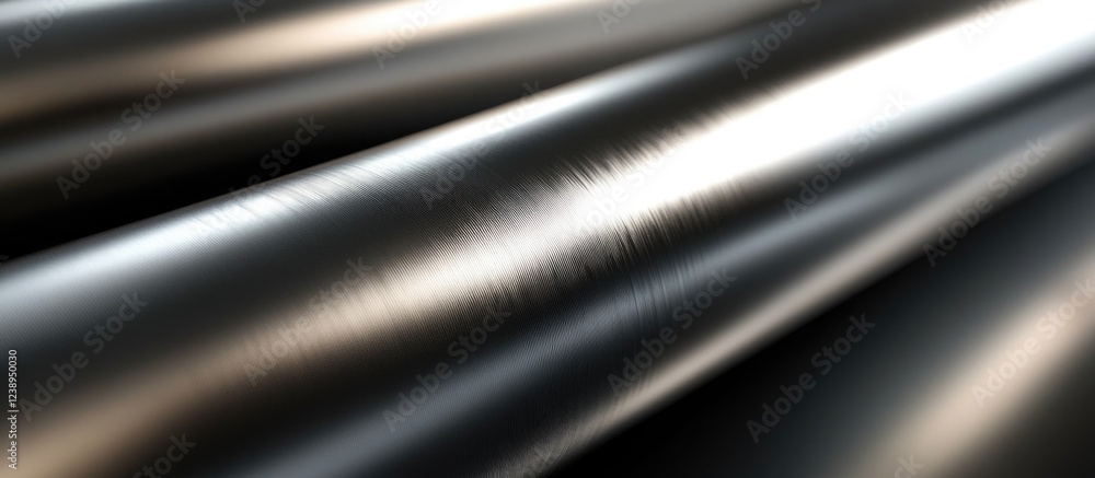 Fototapeta premium Close-up view of polished metallic pipes with reflective surfaces and texture, suitable for industrial backgrounds or designs.