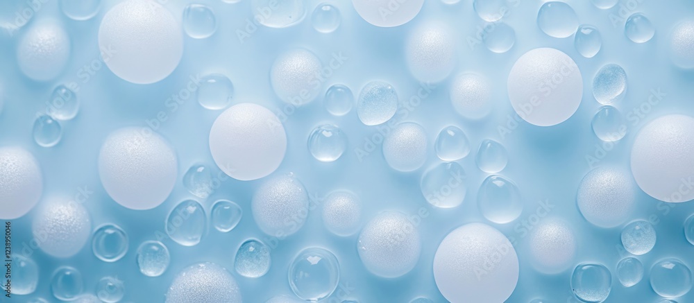 Abstract close-up of water droplets and white spheres on a light blue background with smooth textures and soft focus Copy Space Abstract close-up of water droplets and white spheres on a light blue background with smooth textures and soft focus Copy Space