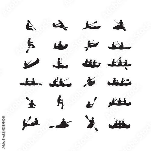 river rafting kayak silhouette icon collection set vector flat design