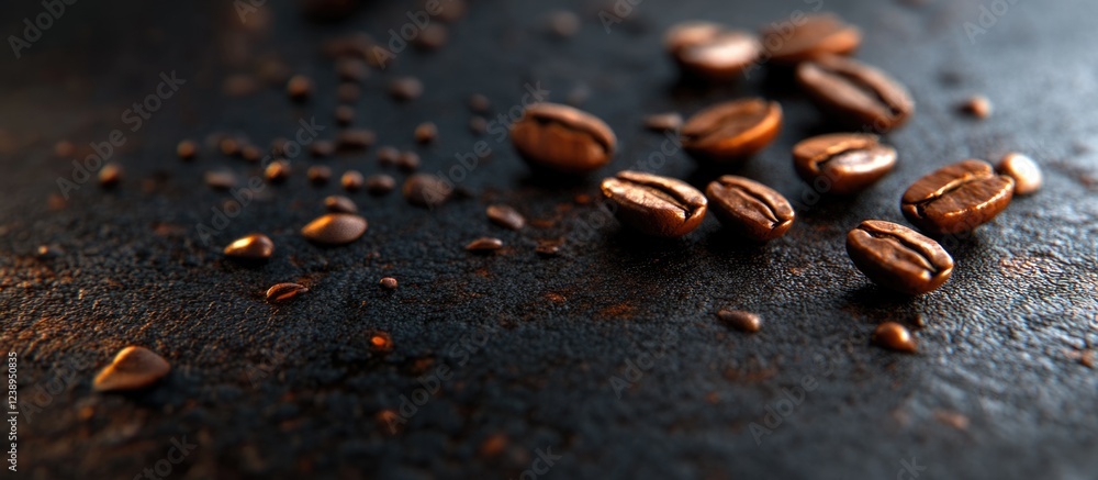 Close-up of coffee beans scattered on a dark textured surface with droplets of water indicating freshness Copy Space Close-up of coffee beans scattered on a dark textured surface with droplets of water indicating freshness Copy Space
