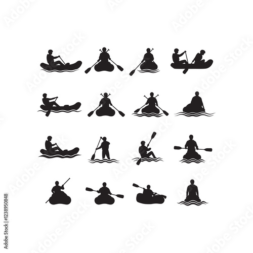 river rafting kayak silhouette icon collection set vector flat design