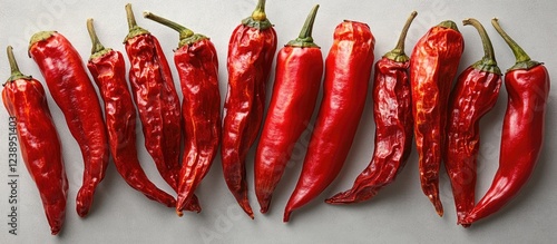 Dried red chili peppers arranged in a line on a neutral background with visible texture and vibrant colors Copy Space photo