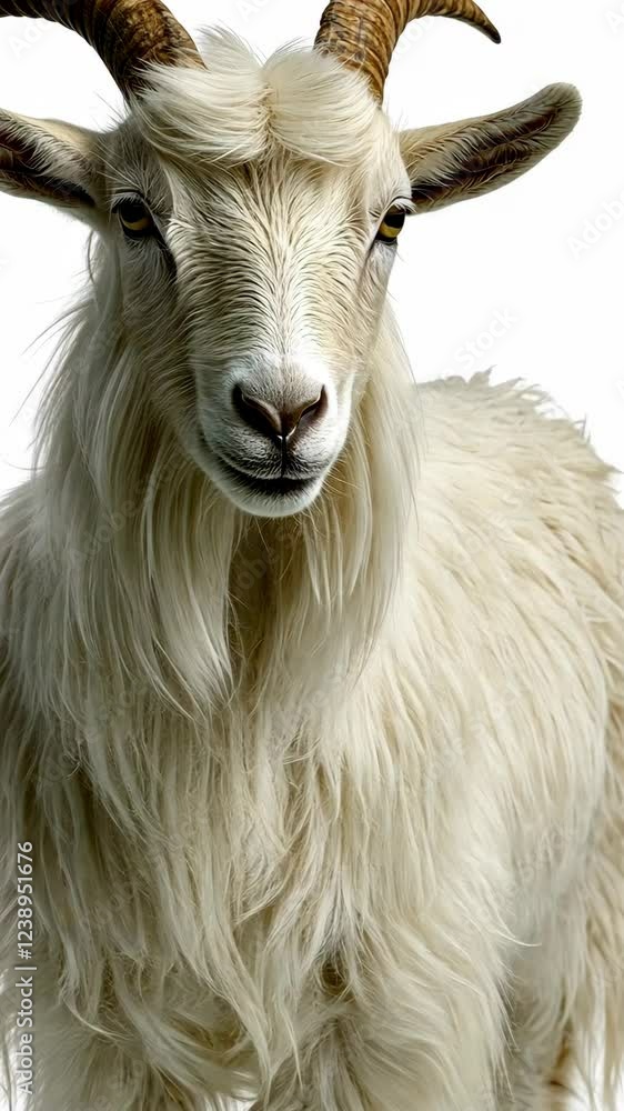 Majestic white goat with flowing fur poses against a simple background showcasing its unique features Majestic white goat with flowing fur poses against a simple background showcasing its unique features
