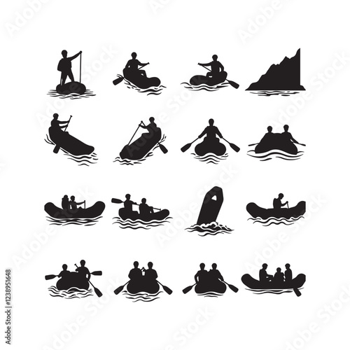 river rafting kayak silhouette icon collection set vector flat design