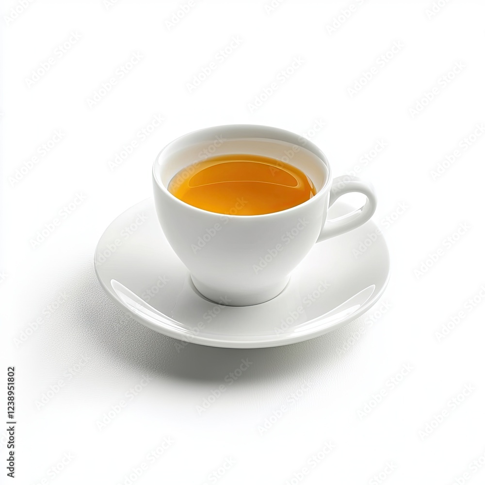 Golden tea cup, saucer, white background; peaceful morning beverage Golden tea cup, saucer, white background; peaceful morning beverage