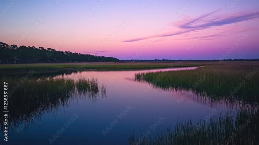 Calm marshland with still waters reflecting the colorful sky at dusk Calm marshland with still waters reflecting the colorful sky at dusk