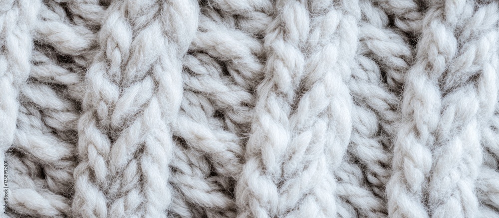 Close-up of textured knitted fabric showing white and grey yarn pattern with visible cables and fibers Copy Space Close-up of textured knitted fabric showing white and grey yarn pattern with visible cables and fibers Copy Space