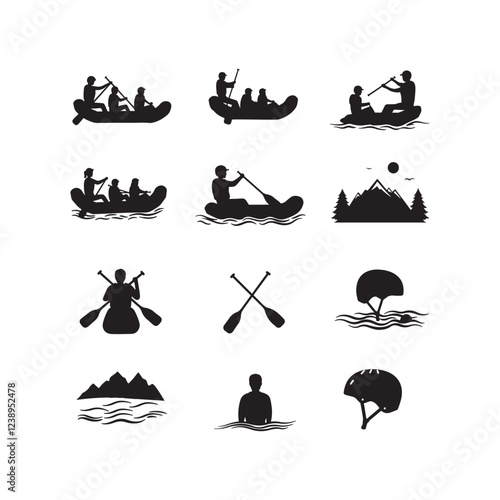 river rafting kayak silhouette icon collection set vector flat design