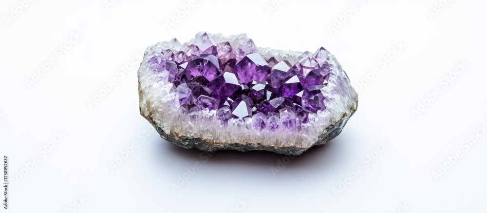 Amethyst geode crystal cluster on white background with copy space for text or graphics Amethyst geode crystal cluster on white background with copy space for text or graphics